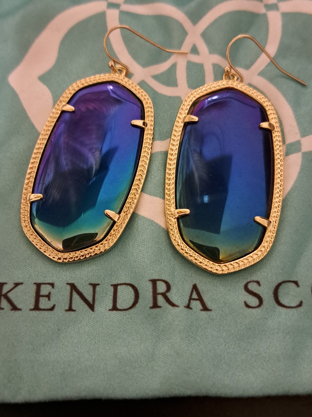 Kendra Scott Statement Drop Earrings with Iridescent Blue-Green Stone